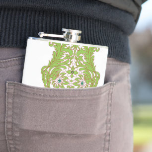 a green and white wallpaper with ornate designs hip flask