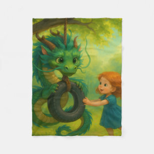 A Green Asian Baby Dragon with Puppy Eyes Fantasy Fleece Blanket