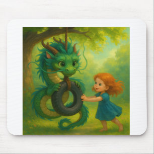 A Green Asian Baby Dragon with Puppy Eyes Fantasy Mouse Mat