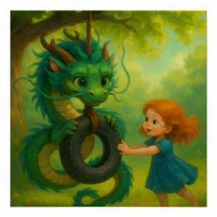 A Green Asian Baby Dragon with Puppy Eyes Fantasy Poster