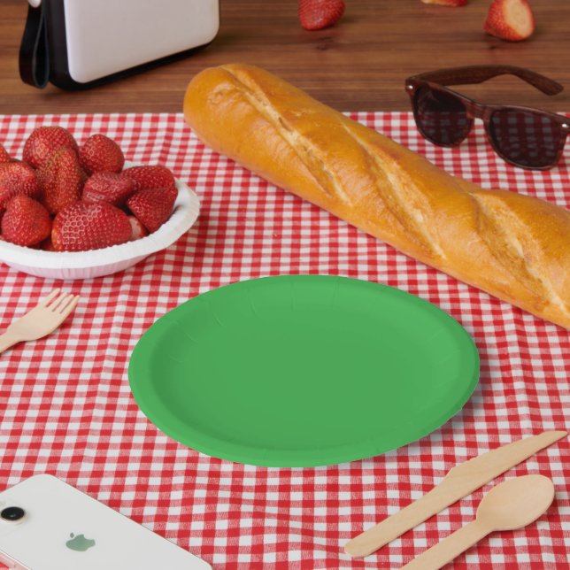 a green background with a white border paper plate (Picnic)