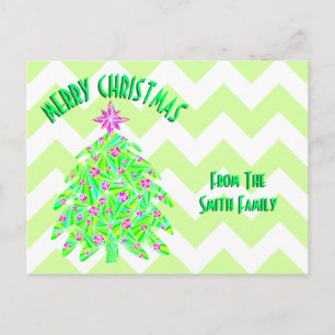 A Green Christmas Tree Colourful Chevron Stripes Holiday Postcard