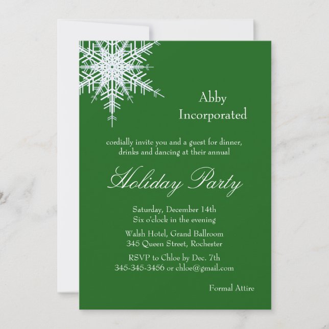 A Green Holiday Offset Snowflake Invitation (Front)