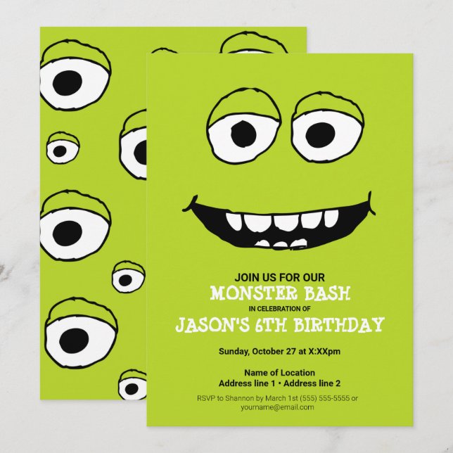 A Green Monster Bash! Cute Monster Party Invites (Front/Back)