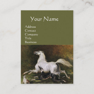 A Grey Arab Stallion Galloping With Dogs, Green Business Card