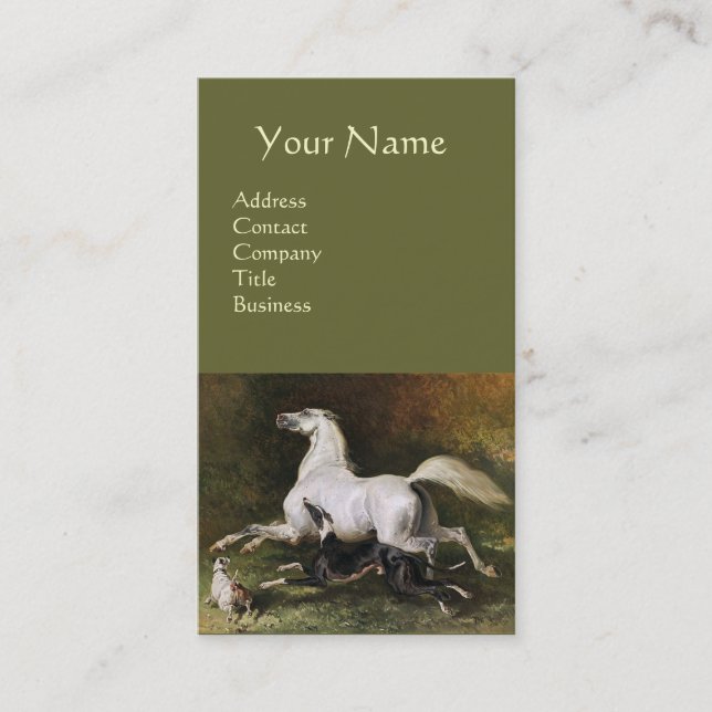A Grey Arab Stallion Galloping With Dogs Monogram Business Card (Front)
