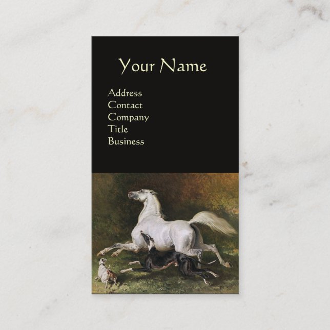 A Grey Arab Stallion Galloping With Dogs Monogram Business Card (Front)