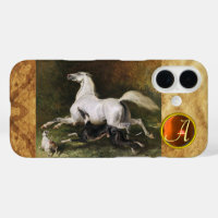 A Grey Arab Stallion Galloping With Dogs Monogram