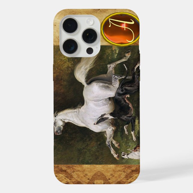 A Grey Arab Stallion Galloping With Dogs Monogram iPhone Case (Back)