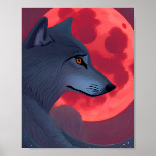 A Grey Wolf Staring at a Blood Moon Poster