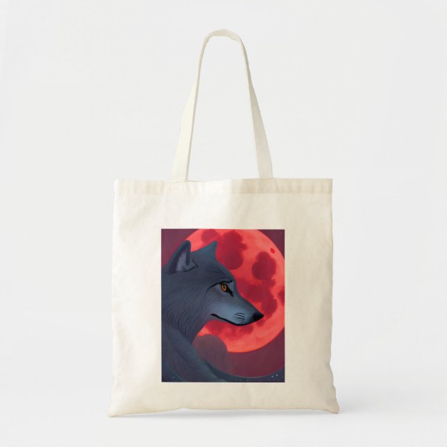 A Grey Wolf Staring at a Blood Moon Tote Bag (Front)