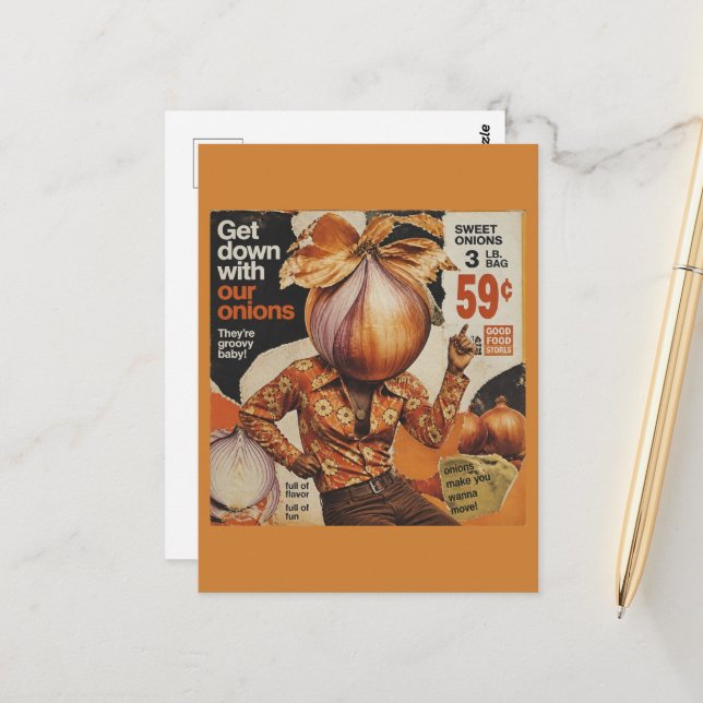 A groovy retro dancing onion postcard (Front/Back In Situ)
