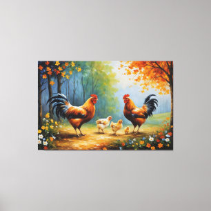 a group of chickens and a rooster canvas print