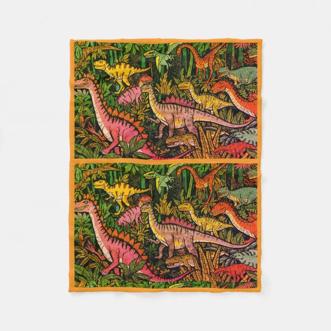 A Group of Dinosaurs in the Forest on a  Fleece Blanket (Front)