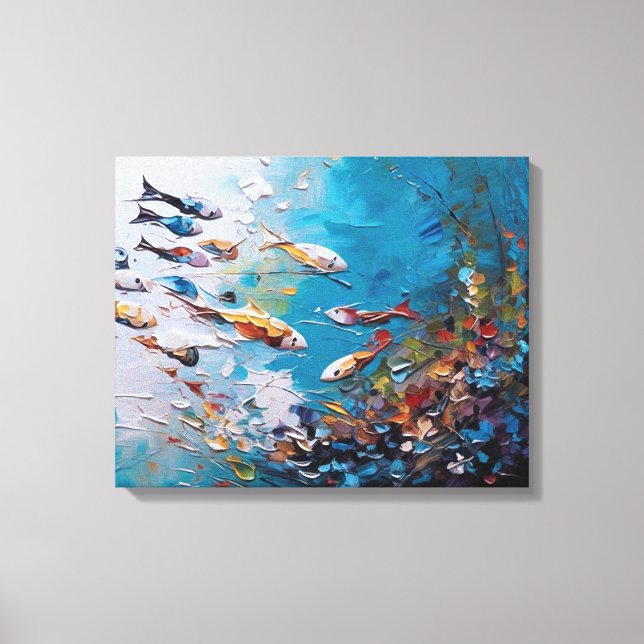 a group of fish swimming in the ocean canvas print (Front)