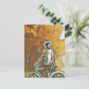 A guy with his bicycle postcard