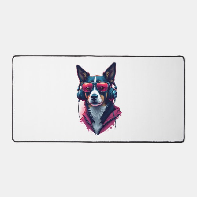 A Habu dog wearing sunglasses and headphones  Desk Mat (Front)