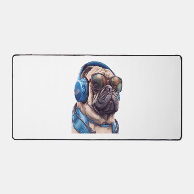 A Habu dog wearing sunglasses and headphones  Desk Mat (Front)