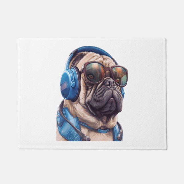 A Habu dog wearing sunglasses and headphones  Doormat (Front)
