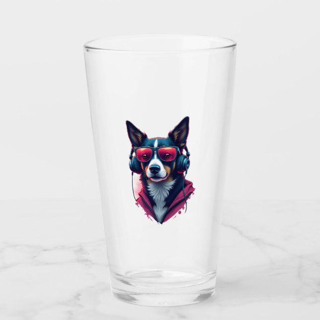 A Habu dog wearing sunglasses and headphones  Glass (Front)