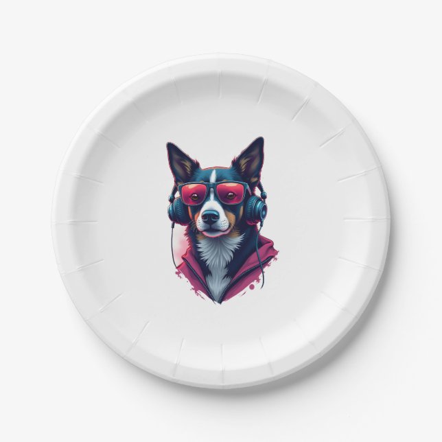 A Habu dog wearing sunglasses and headphones  Paper Plate (Front)