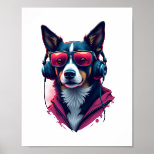A Habu dog wearing sunglasses and headphones  Poster