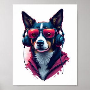 A Habu dog wearing sunglasses and headphones  Poster
