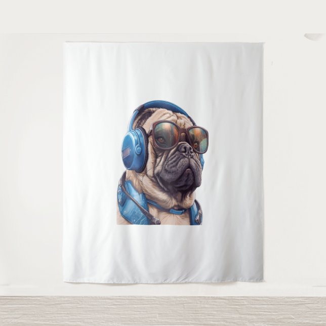 A Habu dog wearing sunglasses and headphones  Tapestry (Front)