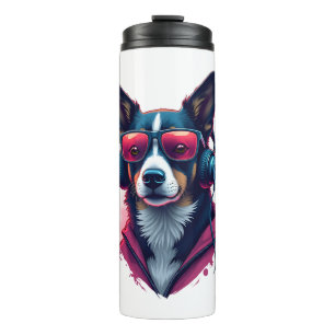 A Habu dog wearing sunglasses and headphones  Thermal Tumbler