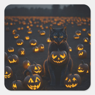 A Halloween cat with a glowing pumpkin Square Sticker