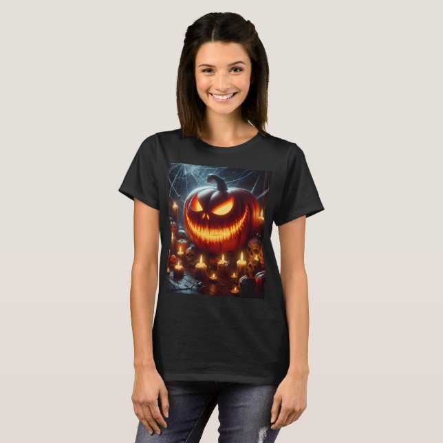 a halloween pumpkin with a scary face in the middl T-Shirt (Front Full)