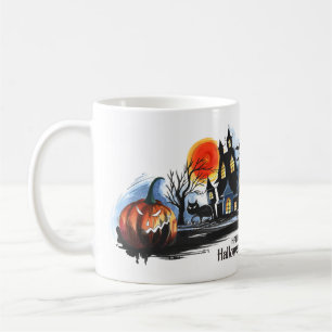 A Halloween-themed watercolor print mug