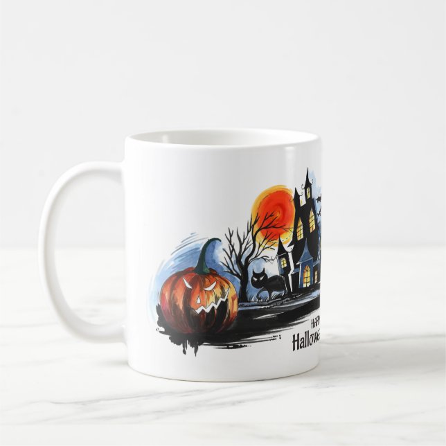 A Halloween-themed watercolor print mug (Left)
