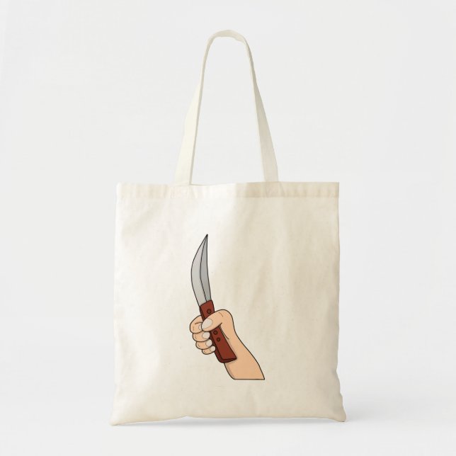 A hand holding a knife tote bag (Front)