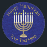 A Hanukkah Gold Menorah On Rich Blue Background Classic Round Sticker<br><div class="desc">A classic Hanukiah design in gold and white on a deep blue faux sparkle background features space for your personalised text making this round sticker a unique addition to your Hanukkah celebrations. Use these Hanukkah stickers on mailings, scatter on a gift package or tuck them into favour bags as party...</div>