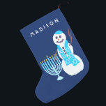 A Hanukkah Jewish Snowman Menorah SML Chrismukkah Small Christmas Stocking<br><div class="desc">Personalise this adorable snowman stocking for Chrismukkah or Hanukkah. This double sided Christmas or Chrismukkah stocking is easy to customise with a name in white text on the dark blue background using the easy text templates. In his bright blue Star Of David pattern scarf with his very own light blue...</div>