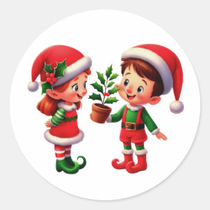 A happy boy and girl Christmas Elf Classic Round Sticker
