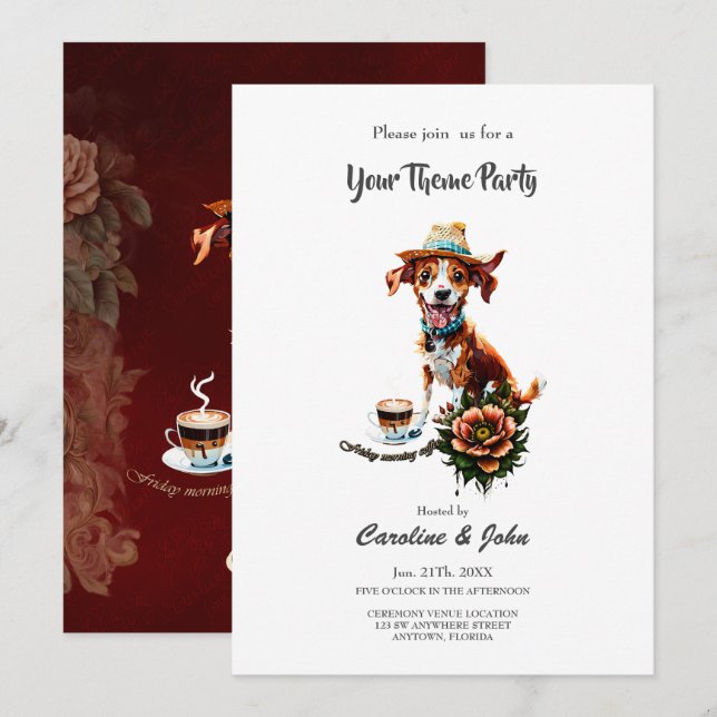 A happy cartoon dog in a summer hat  invitation (Front/Back)
