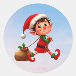 A happy Christmas Elf pulling a bag of toys Classic Round Sticker