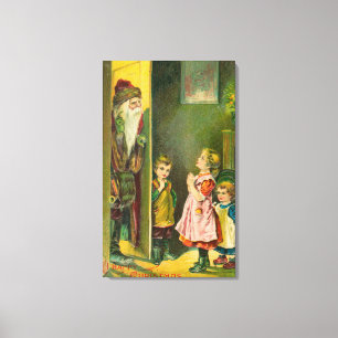 A Happy Christmas Kids Letting Santa In Canvas Print