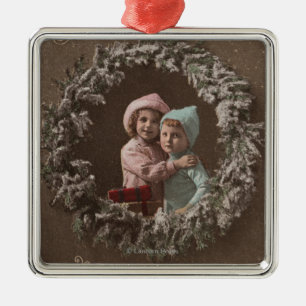 A Happy ChristmasLittle Kids Hugging Metal Tree Decoration