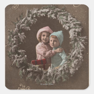 A Happy ChristmasLittle Kids Hugging Square Sticker