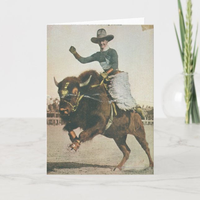 A Happy Cowboy on a Bucking Buffalo. Card (Front)