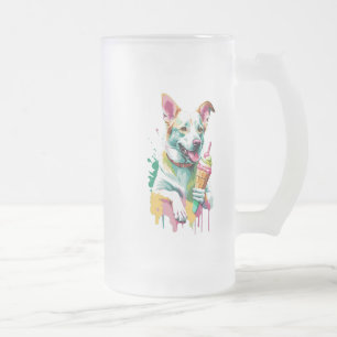 A Happy Dog eating an ice-cream Frosted Glass Beer Mug