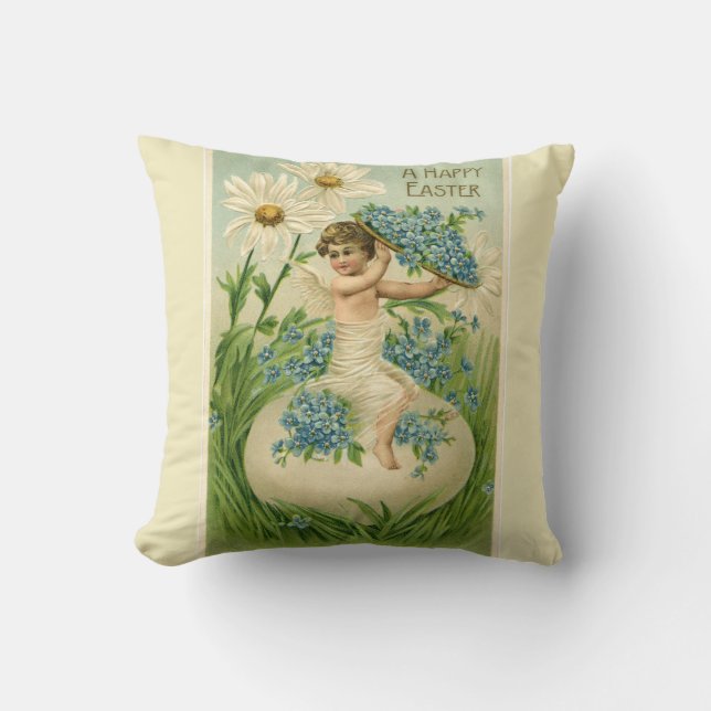 A Happy Easter Cherub Floral Cushion (Front)