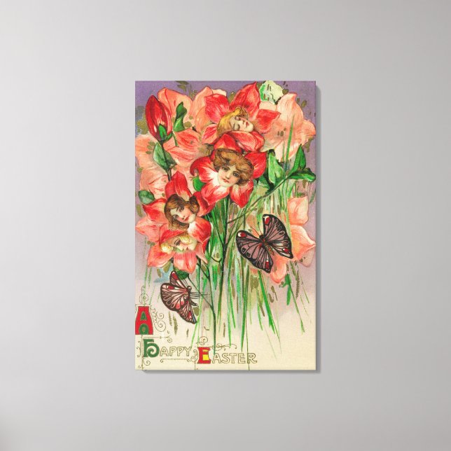 A Happy Easter with Women Head Flowers Canvas Print (Front)