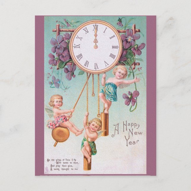 A HAPPY NEW YEAR  cherubs & clock Postcard (Front)
