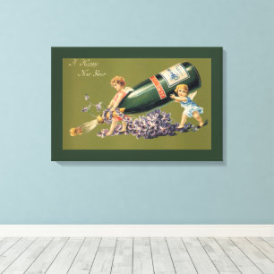 A Happy New Year, Vintage Angels with Champagne Canvas Print