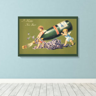 A Happy New Year, Vintage Angels with Champagne Canvas Print