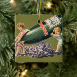 A Happy New Year, Vintage Angels with Champagne Ceramic Ornament